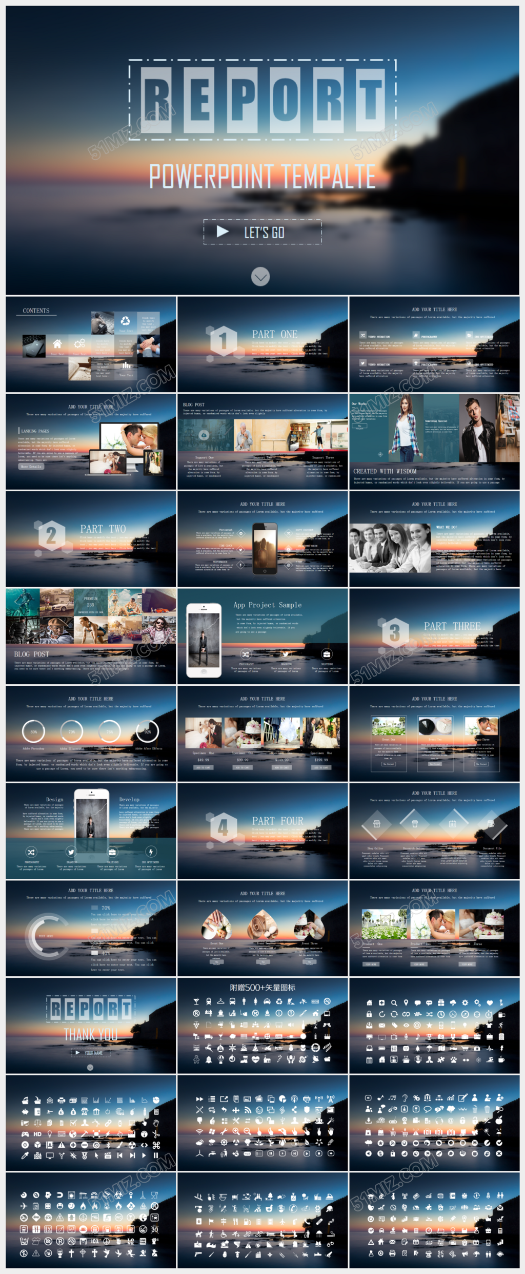 蓝色扁平欧美风商务PPT模板