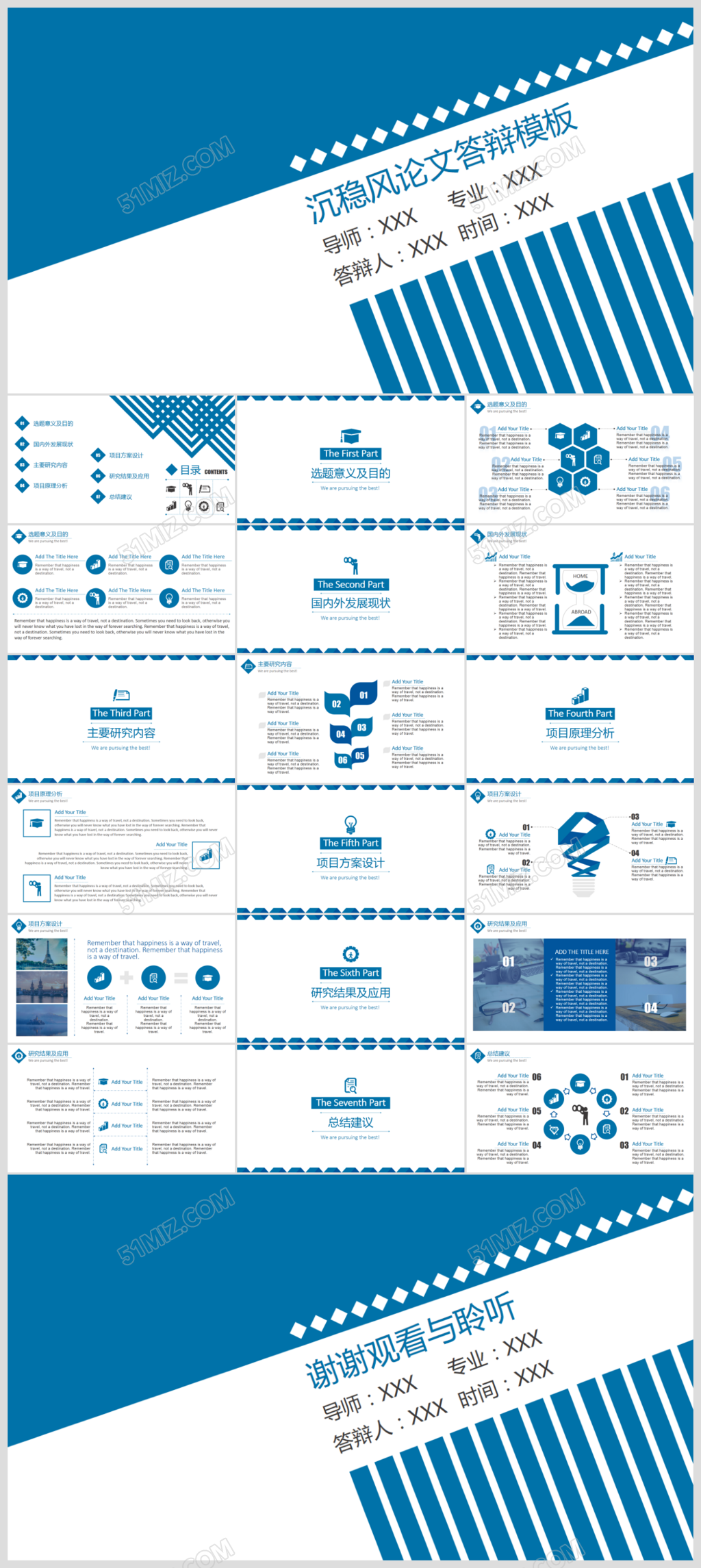 蓝色沉稳论文答辩ppt模板