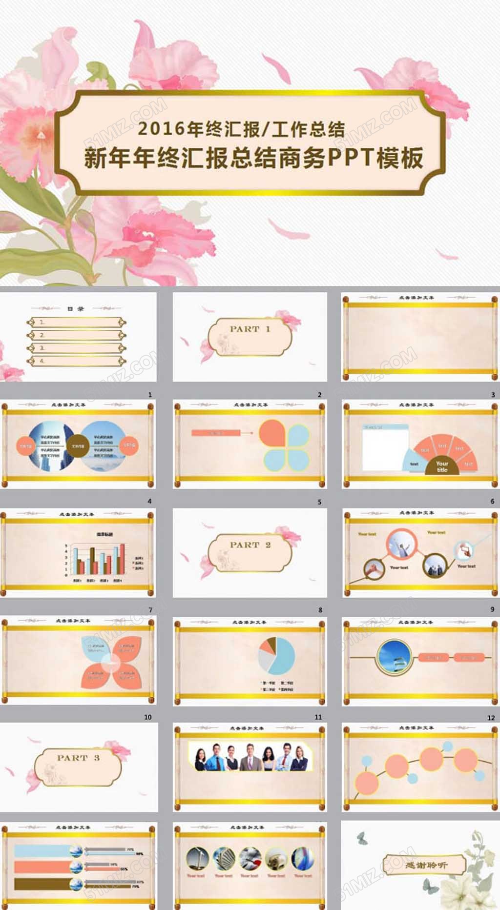 插画花朵新年年终汇报商务ppt模板