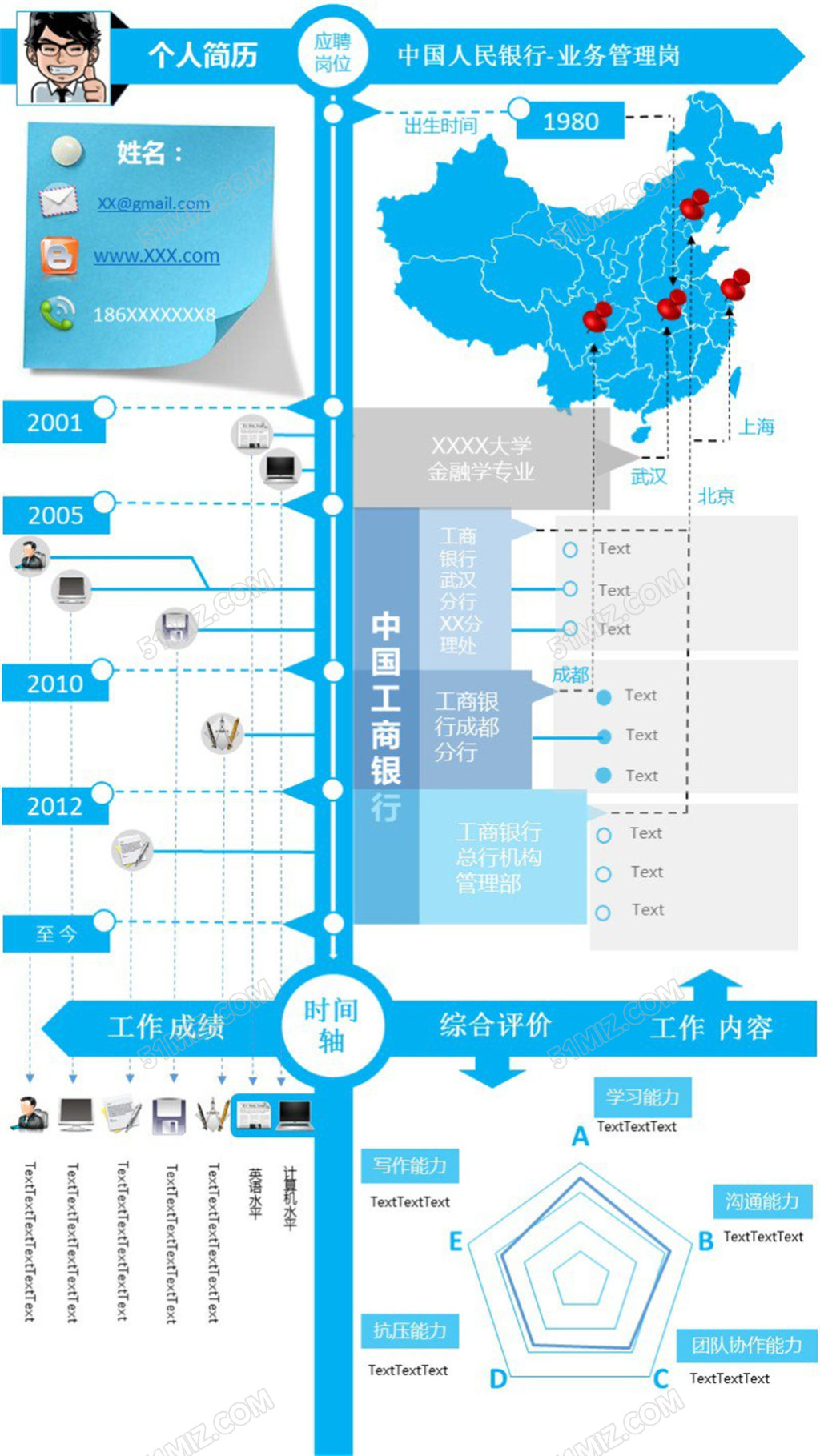 单页蓝色时间轴简历模板
