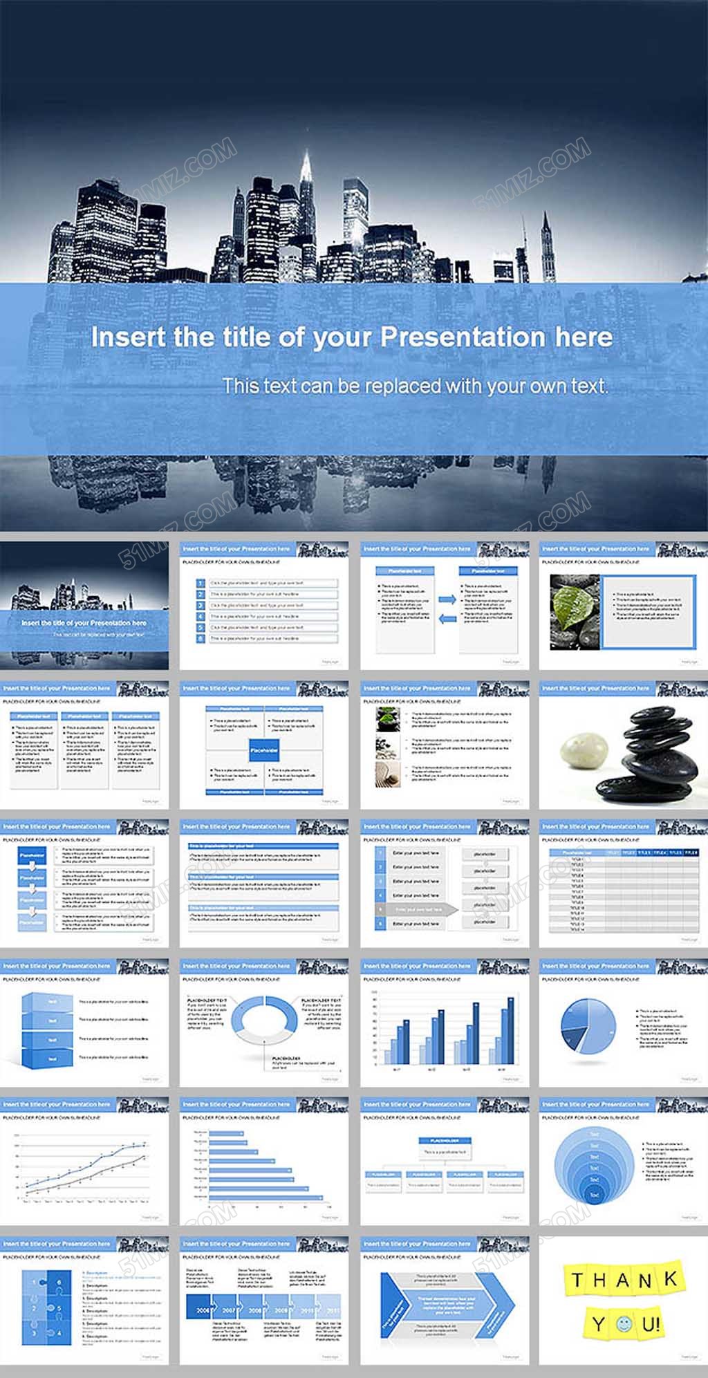 优雅蓝色城市高楼背景精美商务ppt...