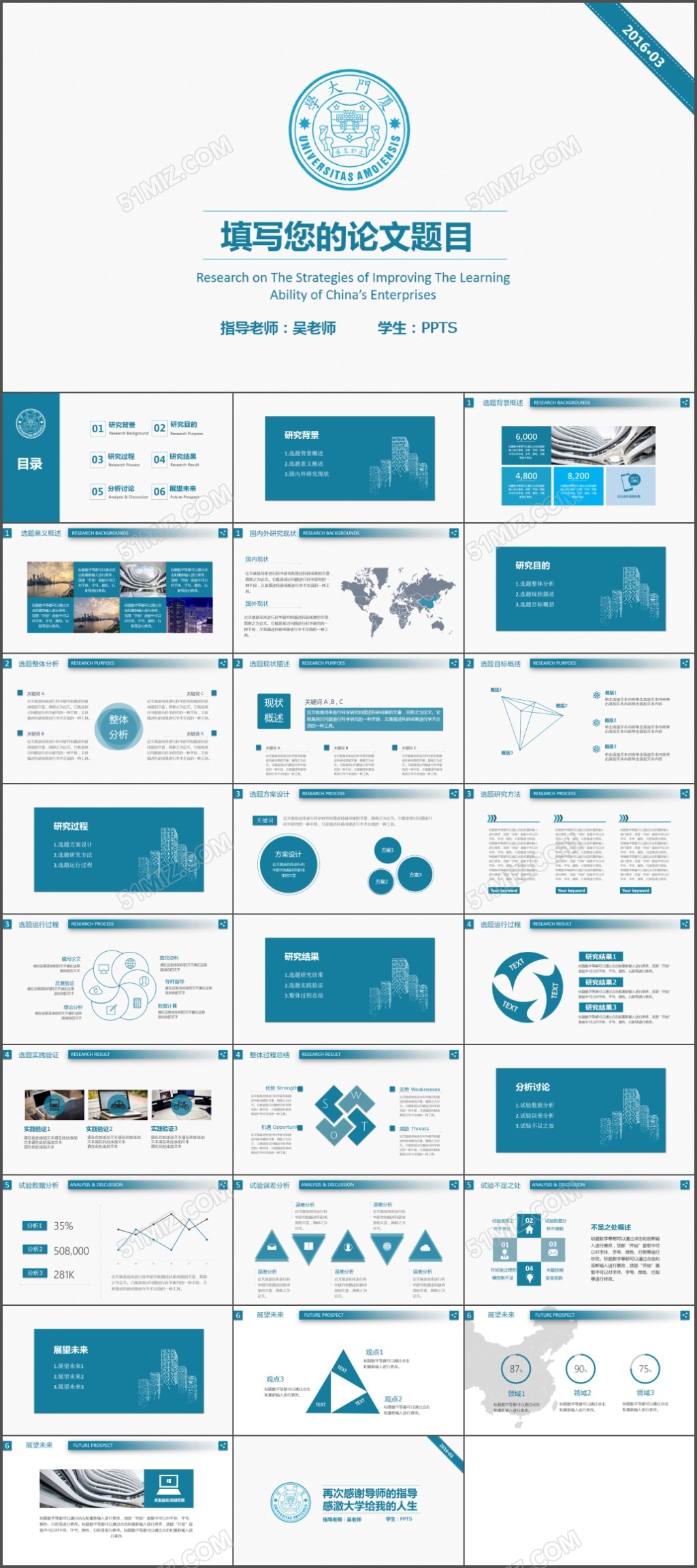 蓝色论文答辩ppt模板免费下载