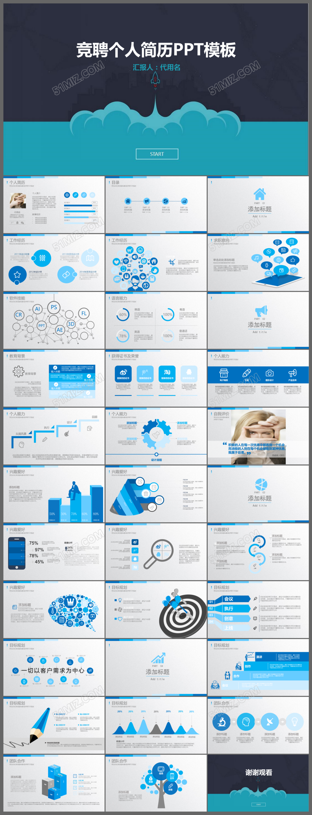 蓝色扁平简约竞聘个人简历ppt模板