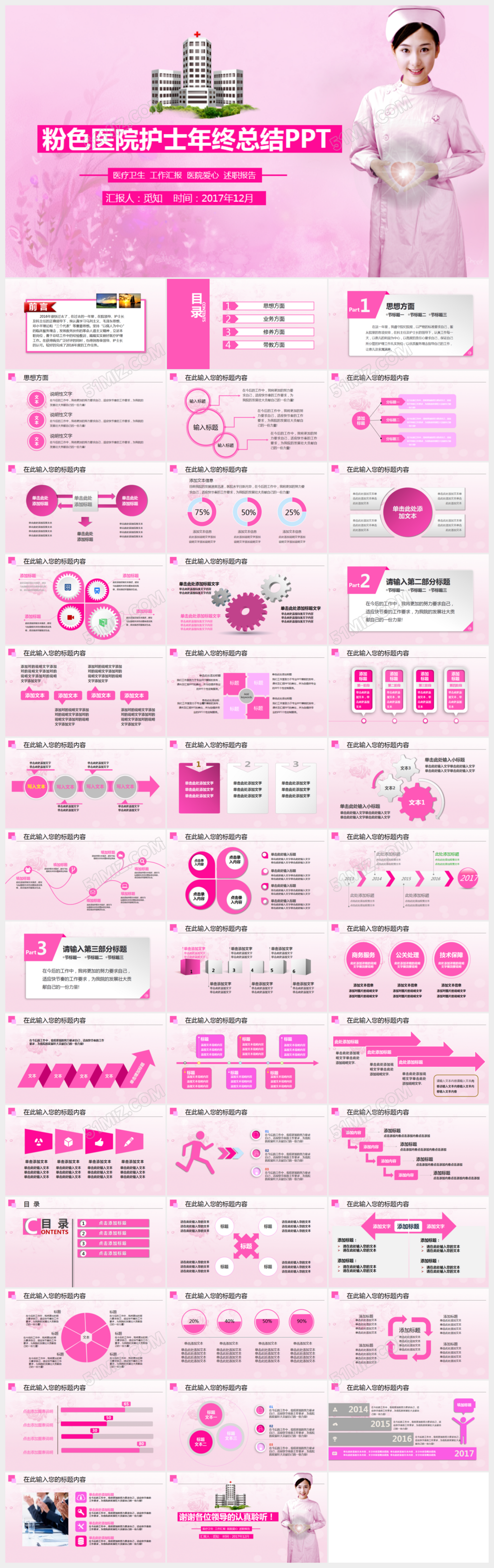 粉红色护士年终总结汇报竞聘ppt模板