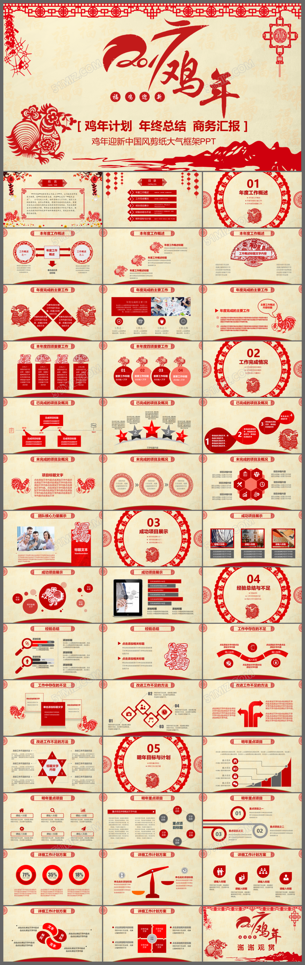 2017鸡年迎新中国风剪纸大气工作计划PPT模板