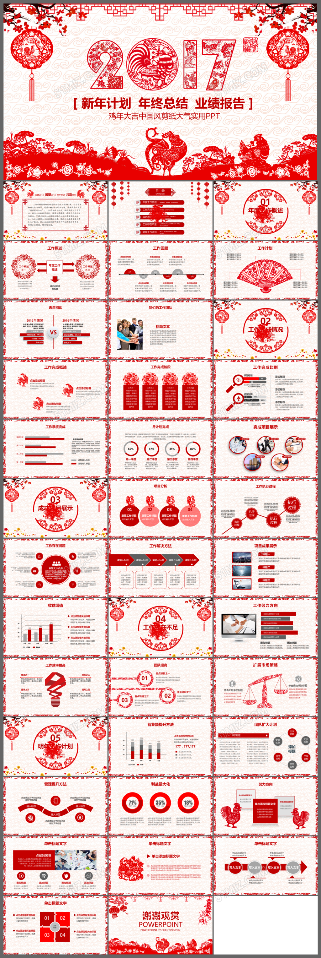 2017鸡年剪纸新年计划年终总结PPT