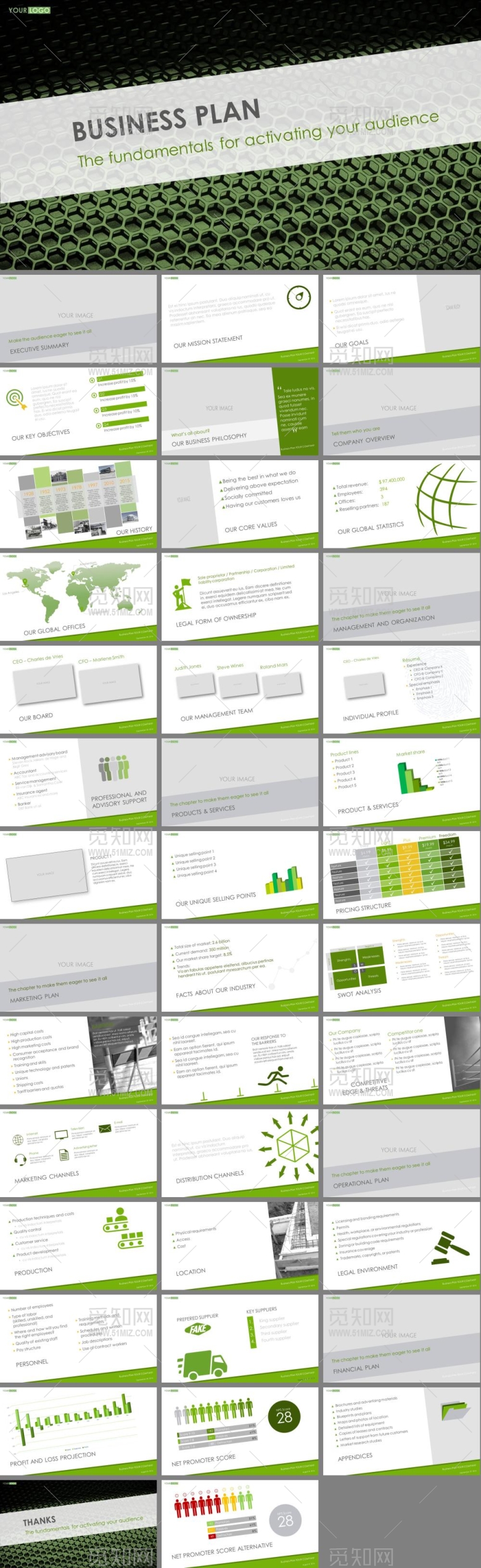 2017绿色蜂巢格子创意封面欧美商务PPT模板