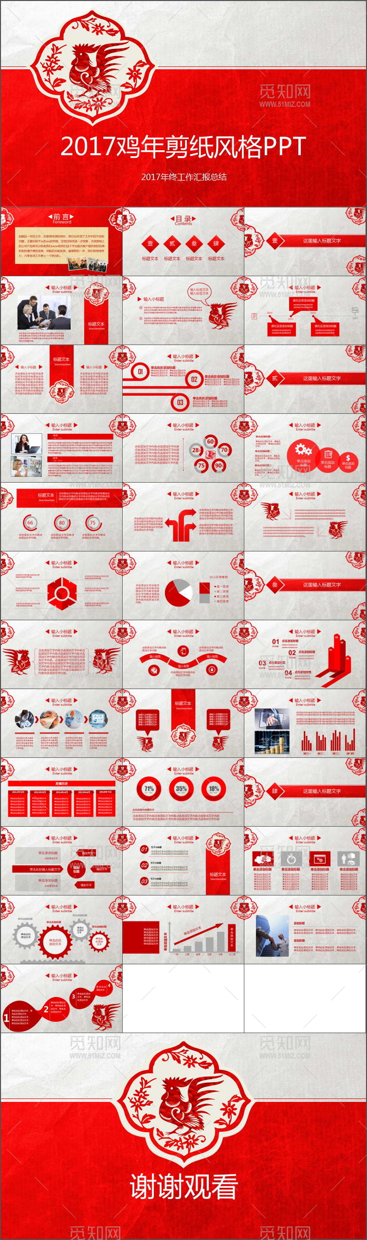 2017鸡年剪纸风格新年工作计划PPT模板