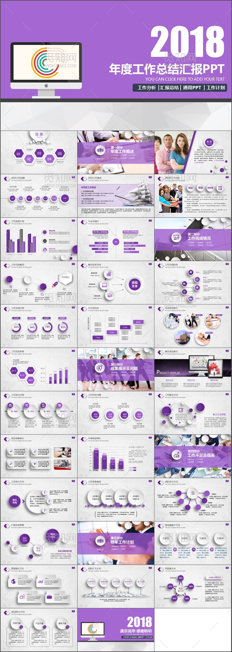 2018紫色年度工作总结汇报PPT模板