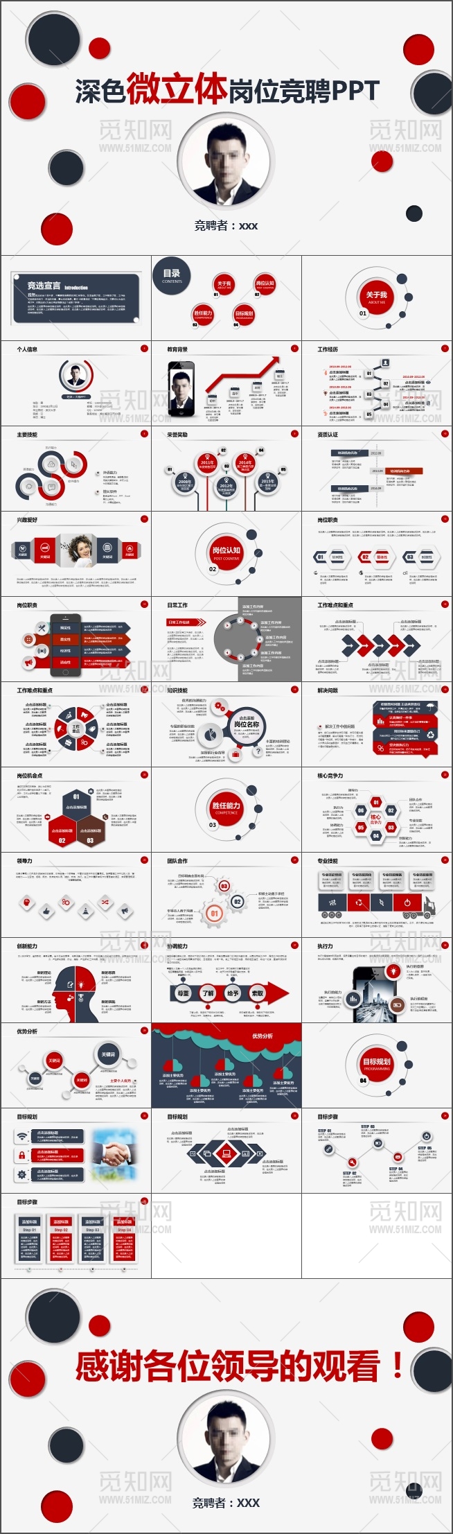 稳重蓝红色个人简历岗位竞聘PPT模板