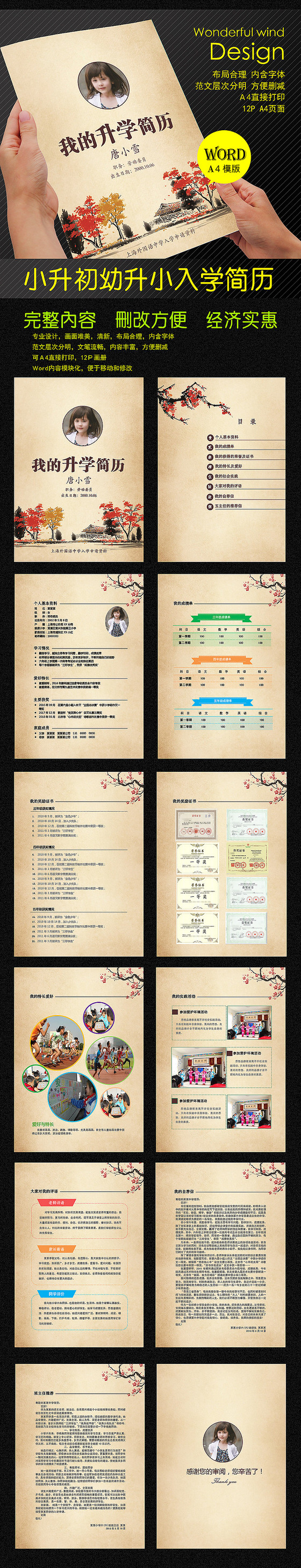 中国风水墨小升初Word简历模版