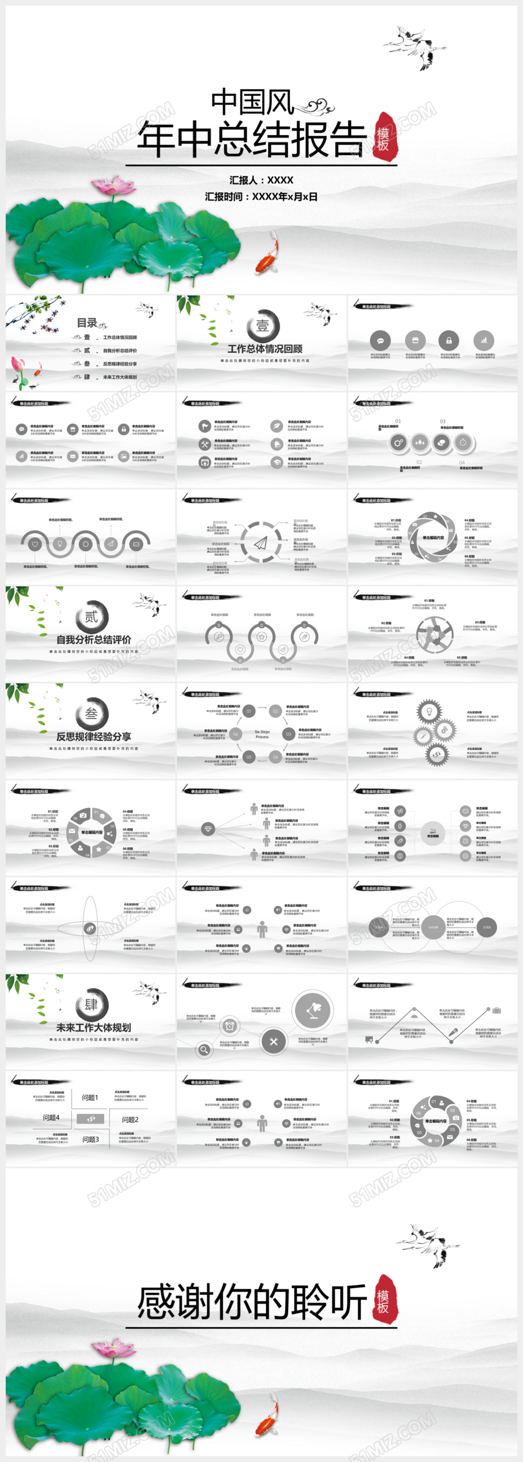 绿色荷叶年中总结报告中国风ppt模板