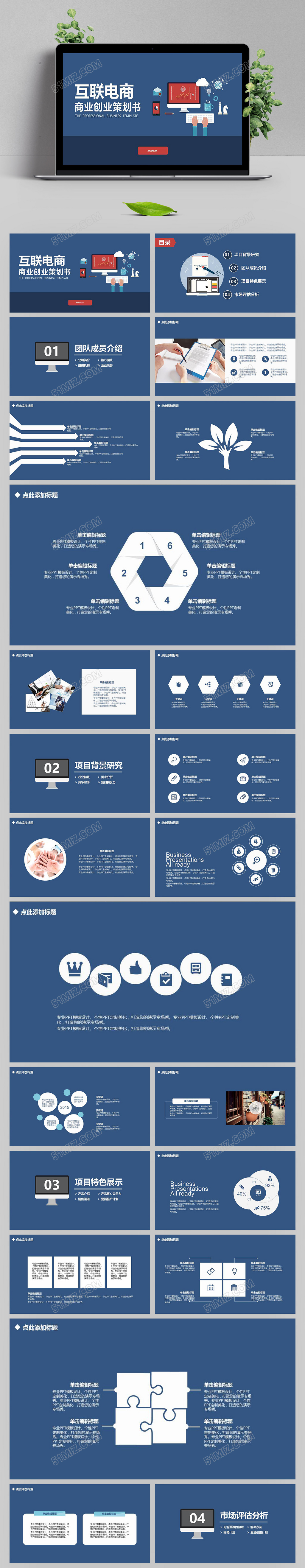 蓝色扁平互联网电商创业策划书ppt模板