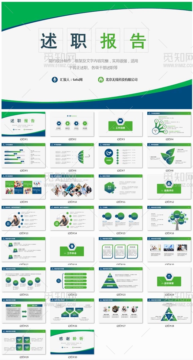 蓝绿述职报告PPT精品横板PPT