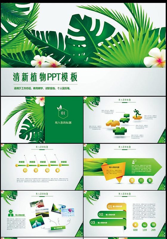 唯美植物小清新树叶PPT模板男