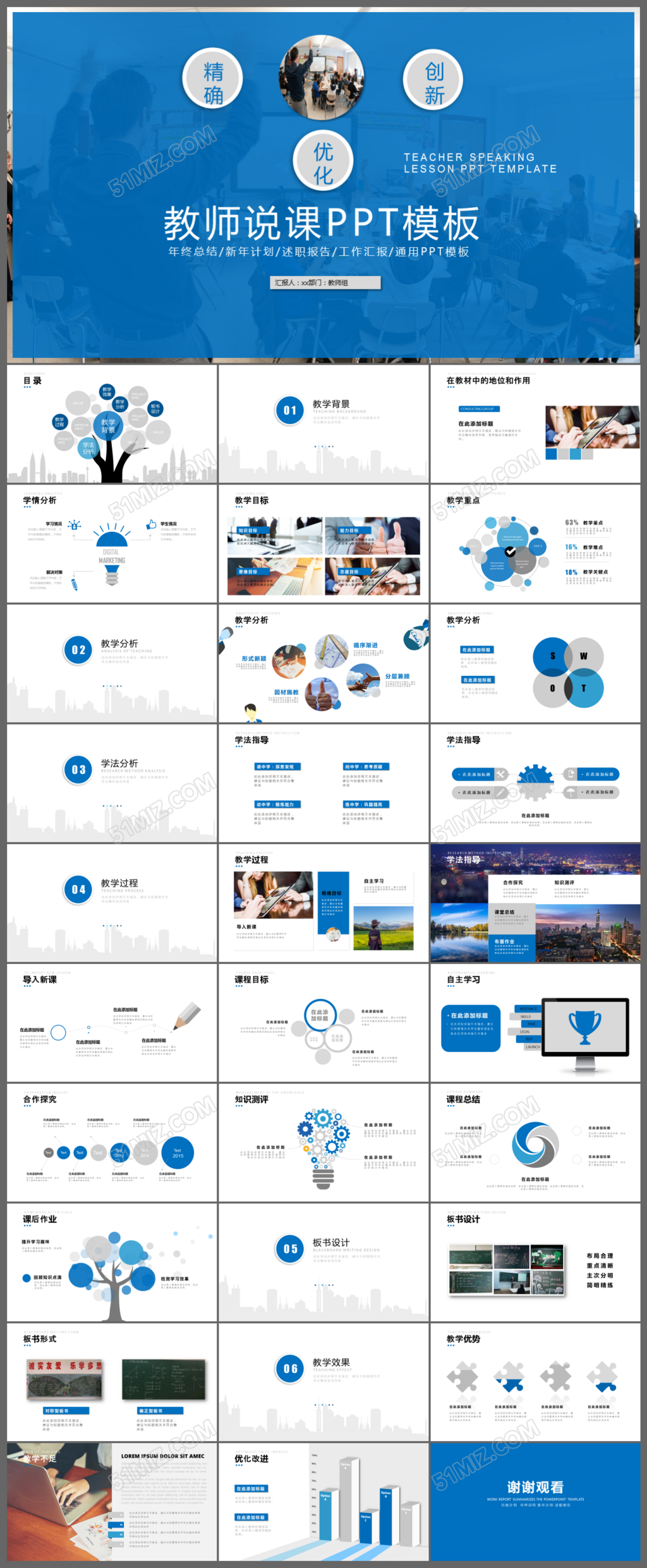 扁平化蓝色教师说课PPT动态模板
