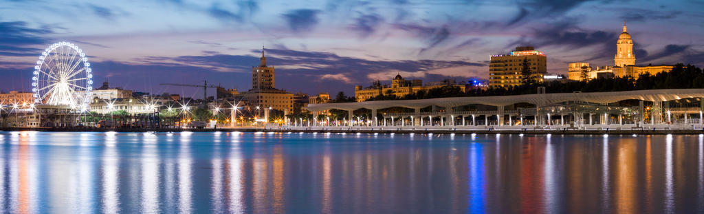 城市灯光摩天轮夜晚大海天际线背景图片