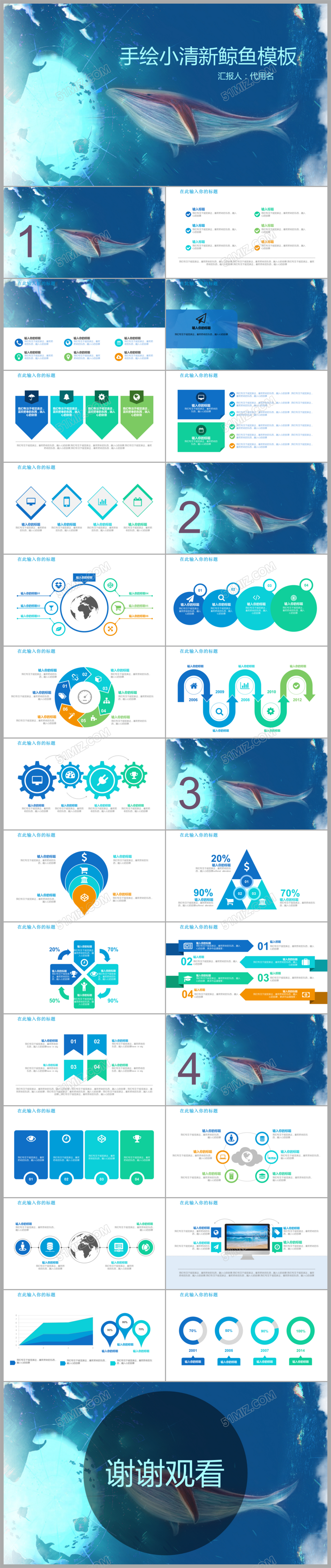 手绘小清新鲸鱼主题海洋主题ppt模板