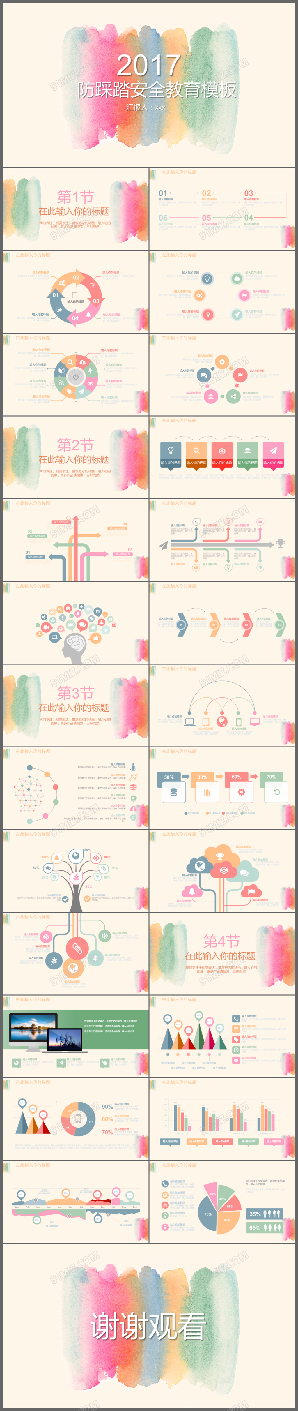 创意水彩防踩踏安全教育ppt模板