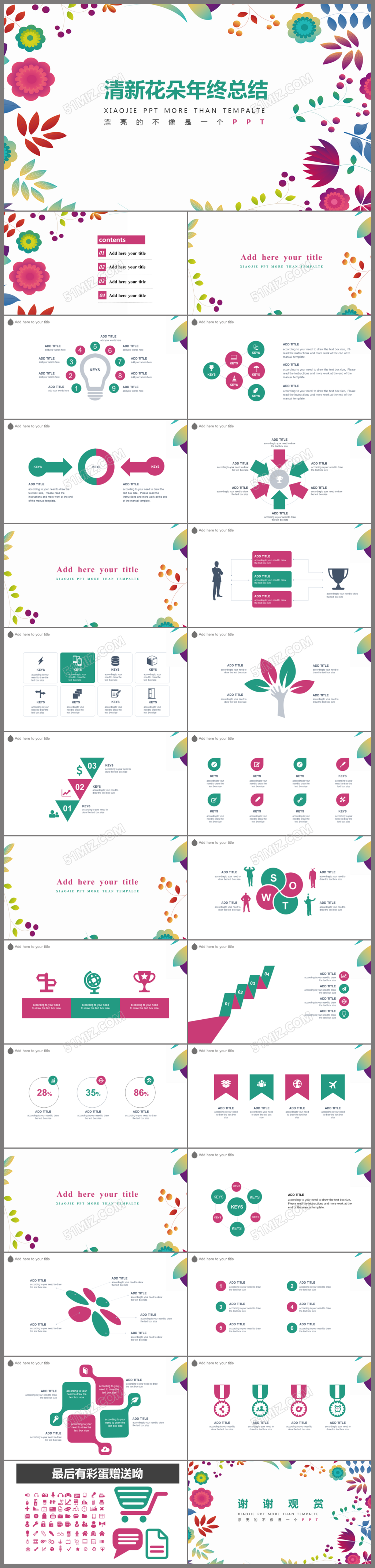 清新花朵年终工作总结ppt模板