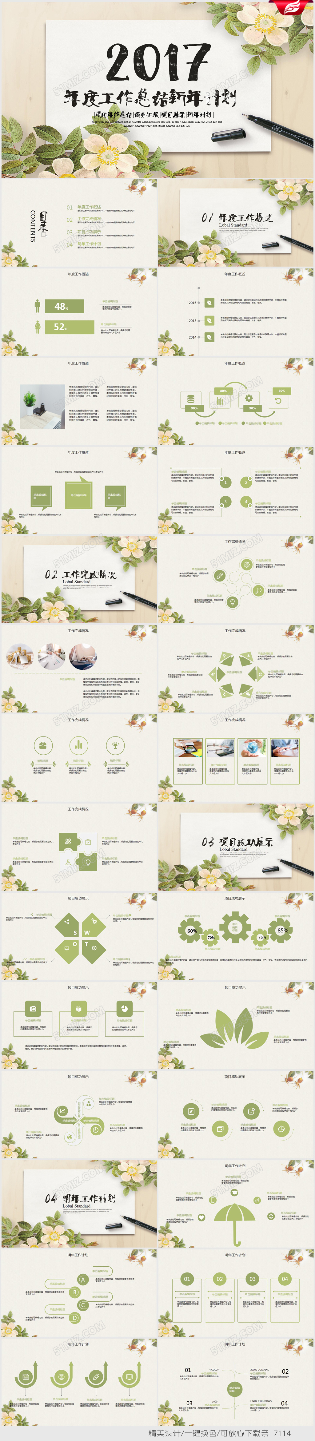 2017花朵清新新年计划年度工作总结ppt模板