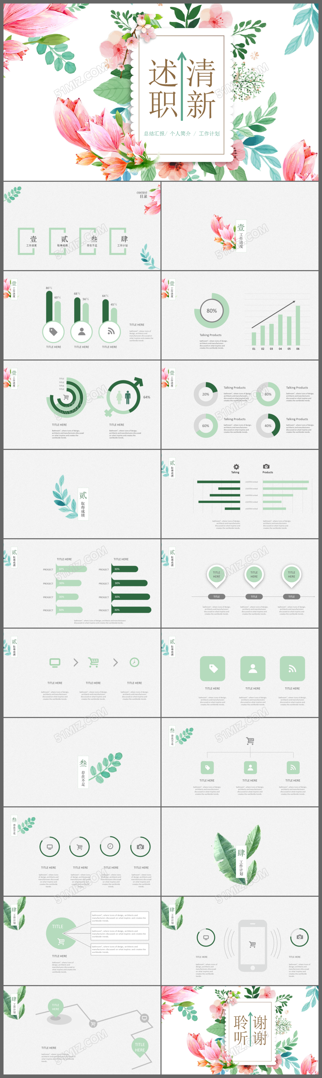 红色花朵清新述职报告ppt模板
