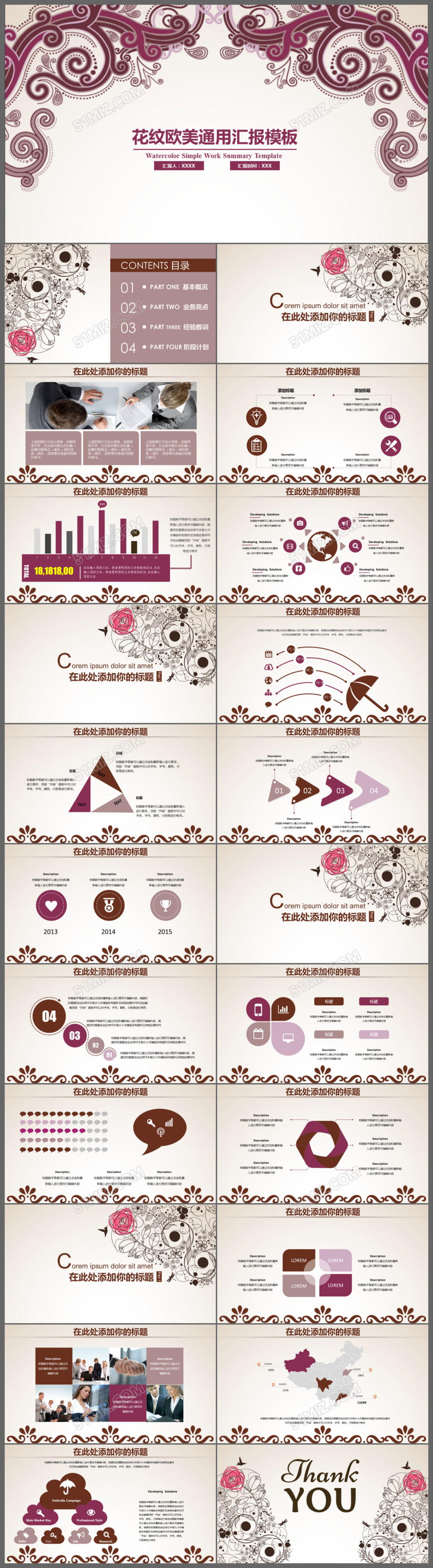 欧美花纹复古类总结汇报PPT模板