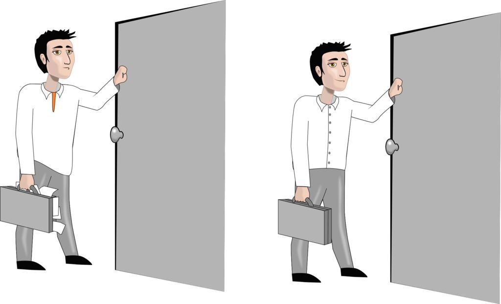 灰白职场对比男子在门前敲门面试技巧服装搭配注意背景图片