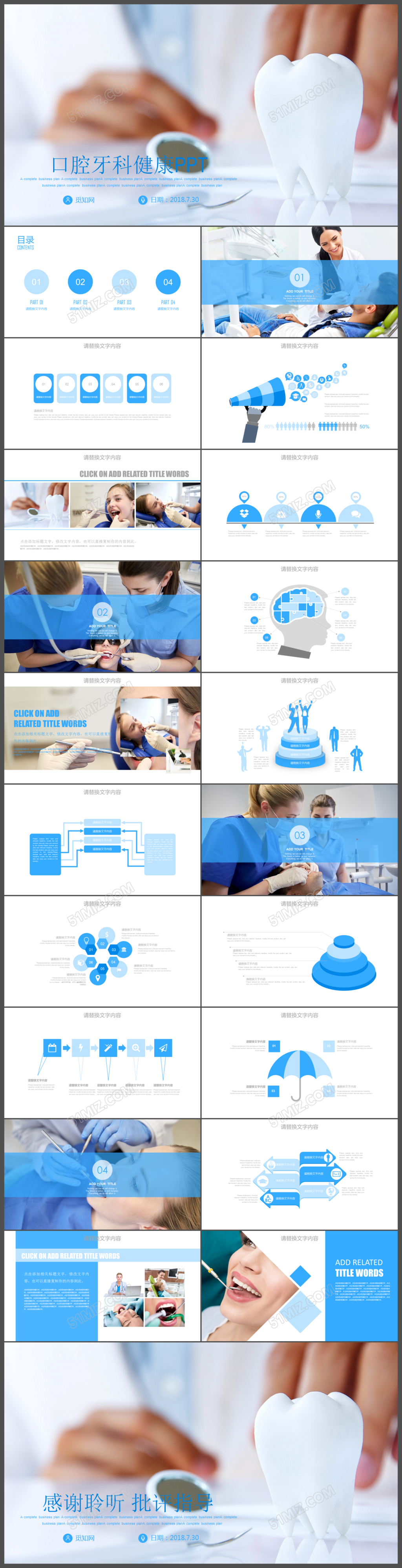 蓝色扁平口腔护理牙科健康PPT模版