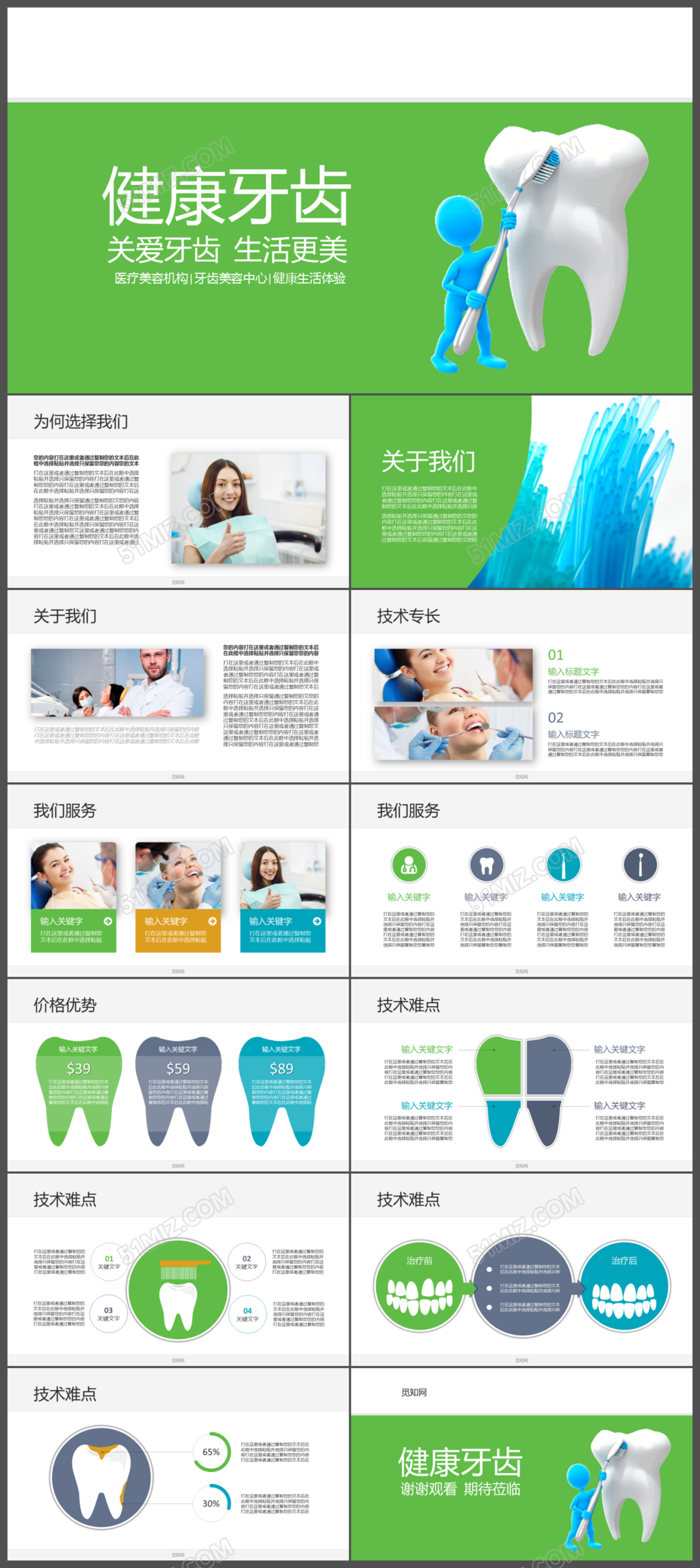 绿色扁平口腔护理健康牙齿美容PPT模版