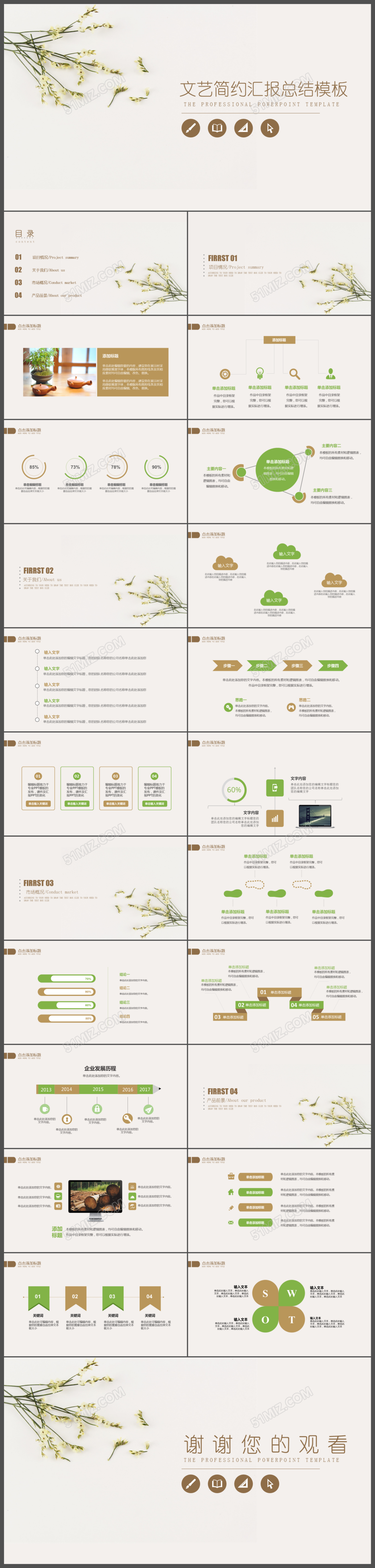 绿色小清新文艺简约汇报总结PPT模版