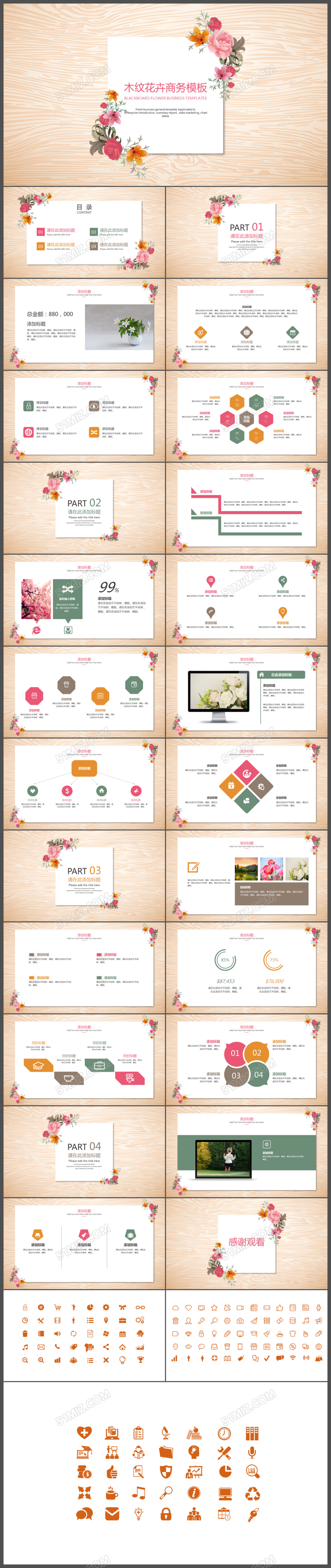绿色小清新木纹花卉商务PPT模版