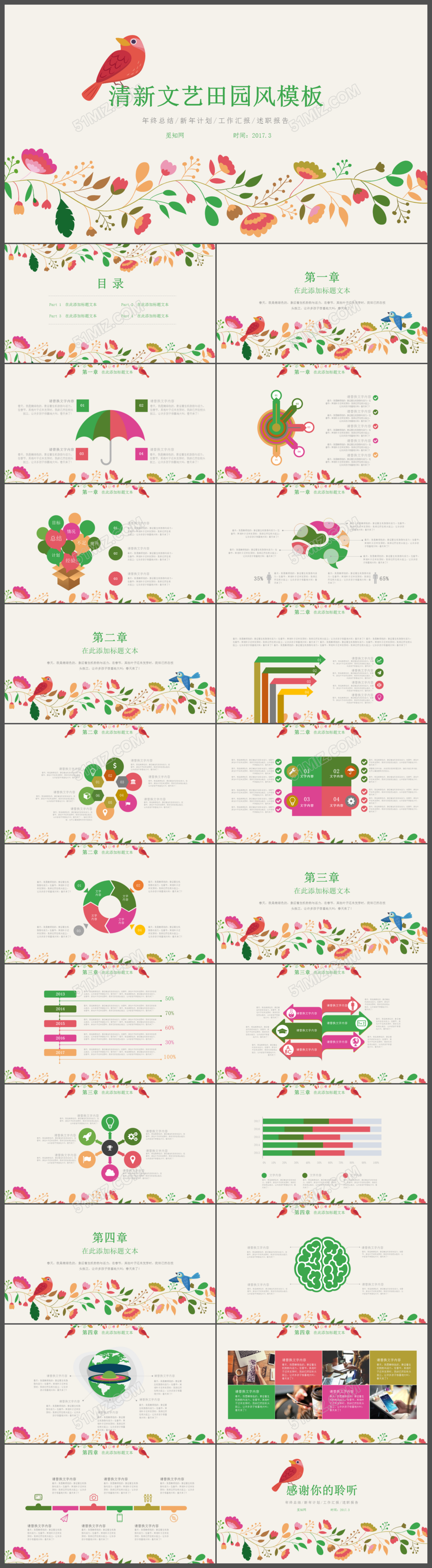 鸟语花香小清新文艺田园风新年计划PPT模版