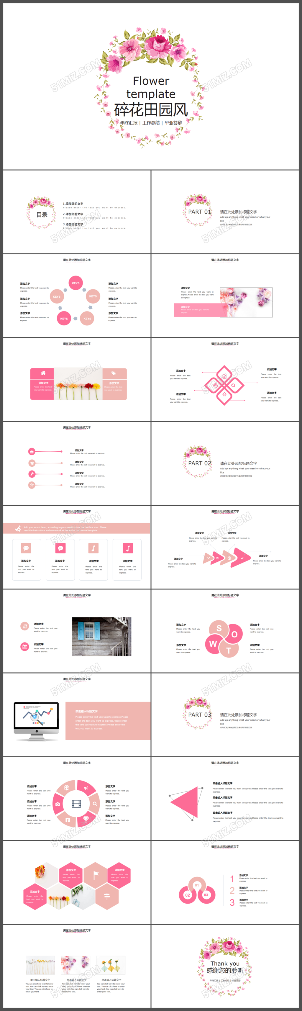 红色扁平小清新碎花田园风工作总结报告PPT模版