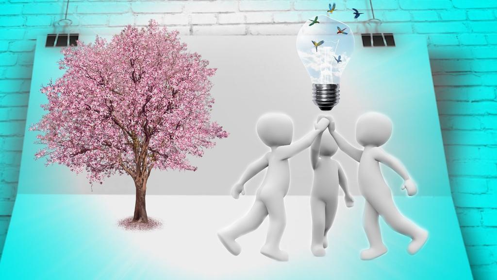 白色卡通纹理三个小人合作共赢背景图片