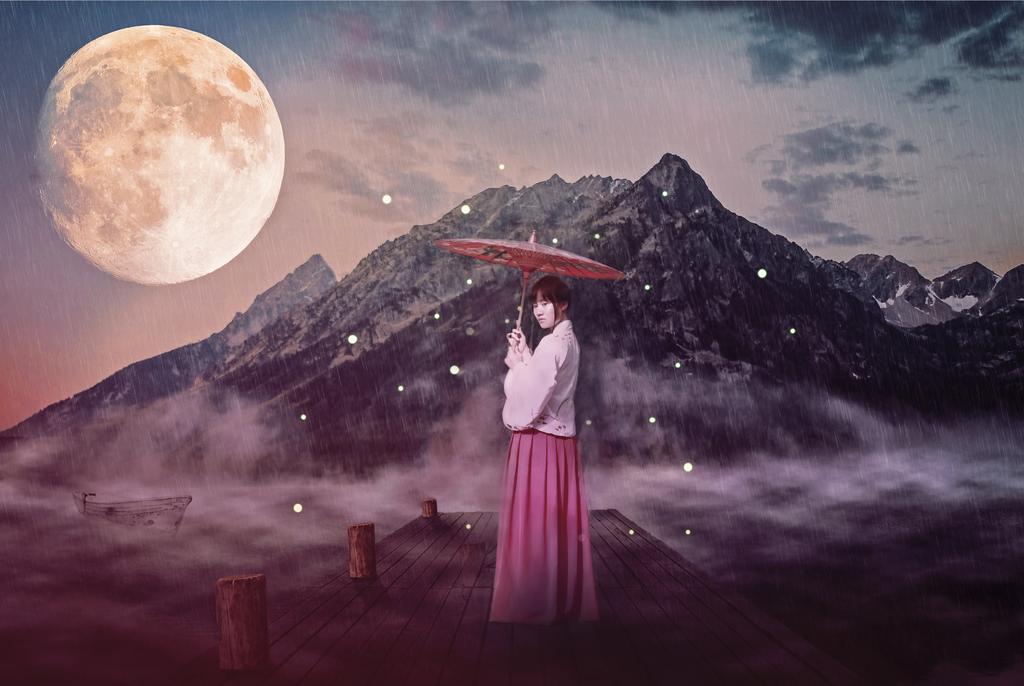 彩色人群古韵诗意满月下群山前的古装女子女孩摄影背景图片