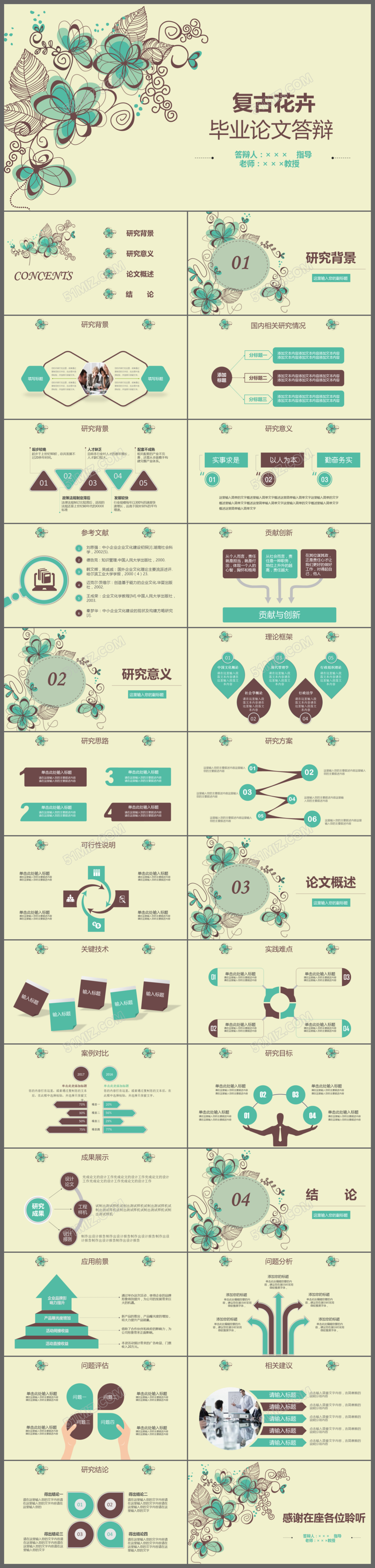 小清新复古花卉毕业答辩PPT模板