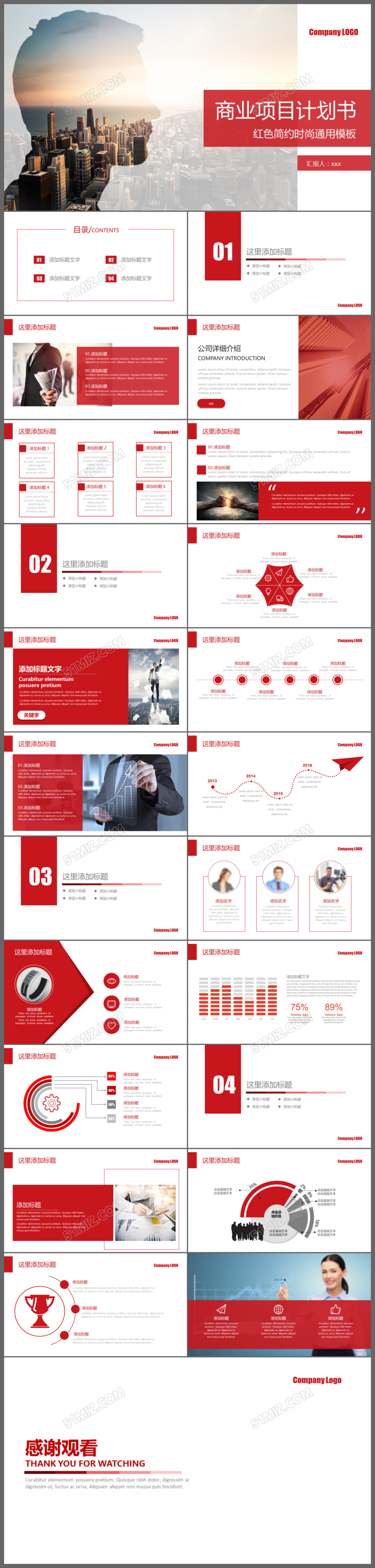 红色简约时尚通用商业项目计划书PPT模板
