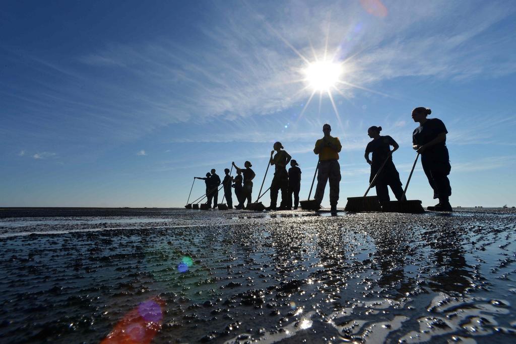 蓝色海边努力团队劳动背景图片