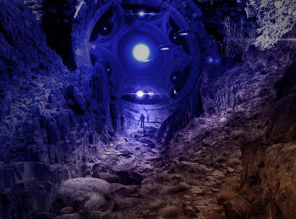 灰色航天幻想洞窟中的飞船背景图片