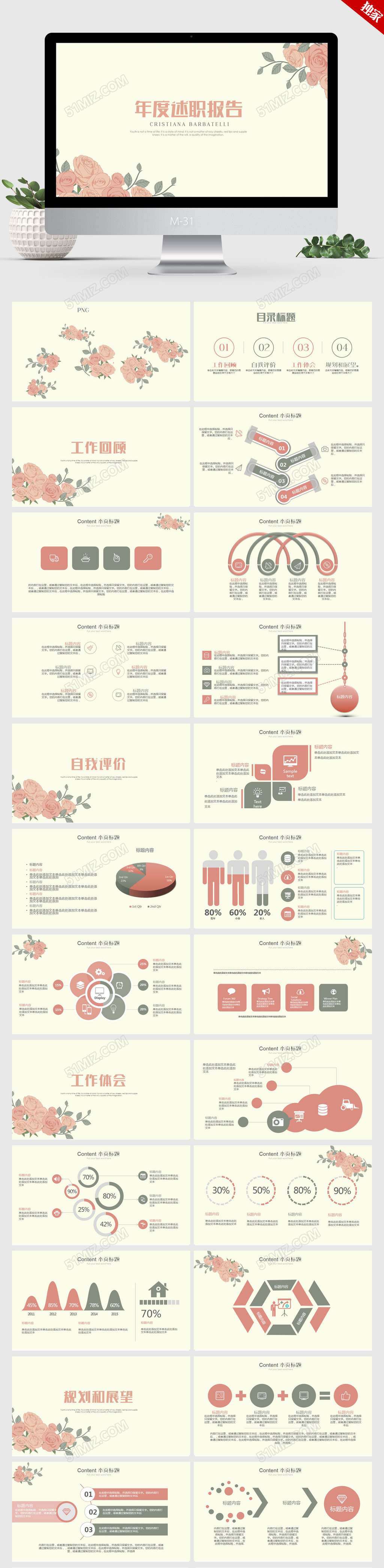 清新淡雅花纹年度述职报告ppt动态模板