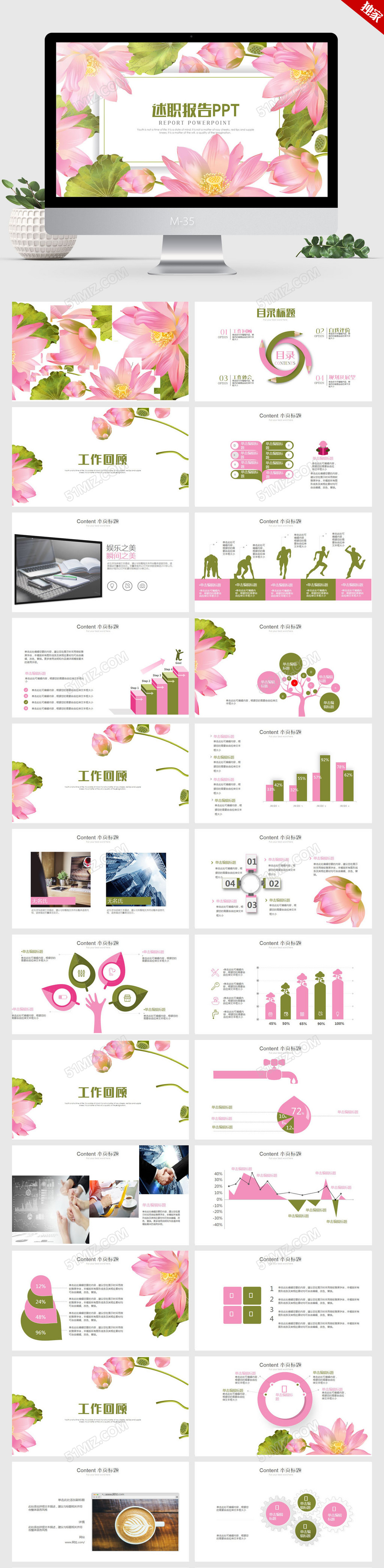 清新淡雅花纹述职报告ppt动态模板