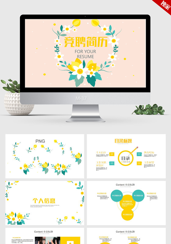 清新淡雅简约花纹竞聘简历ppt动态模板