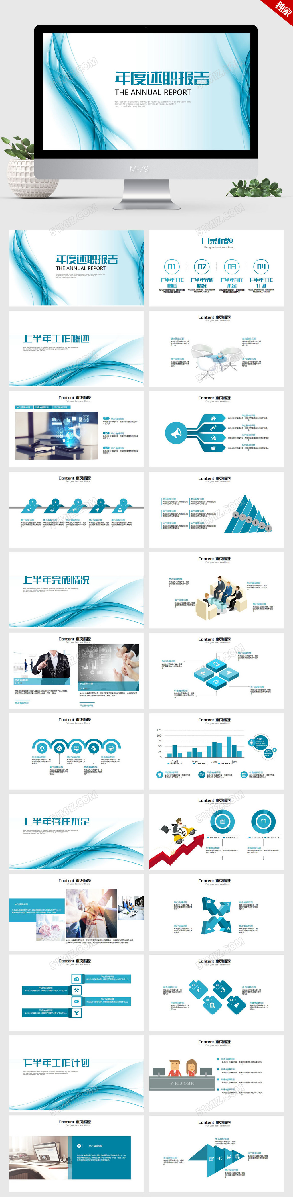蓝色时尚简约年度述职报告ppt动态模板