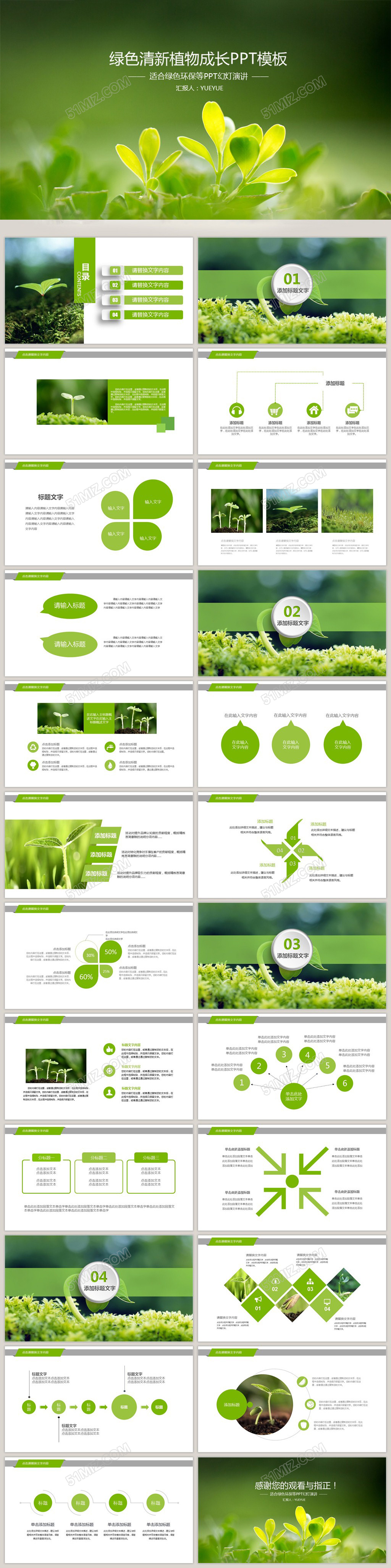 绿色清新植物成长PPT模板