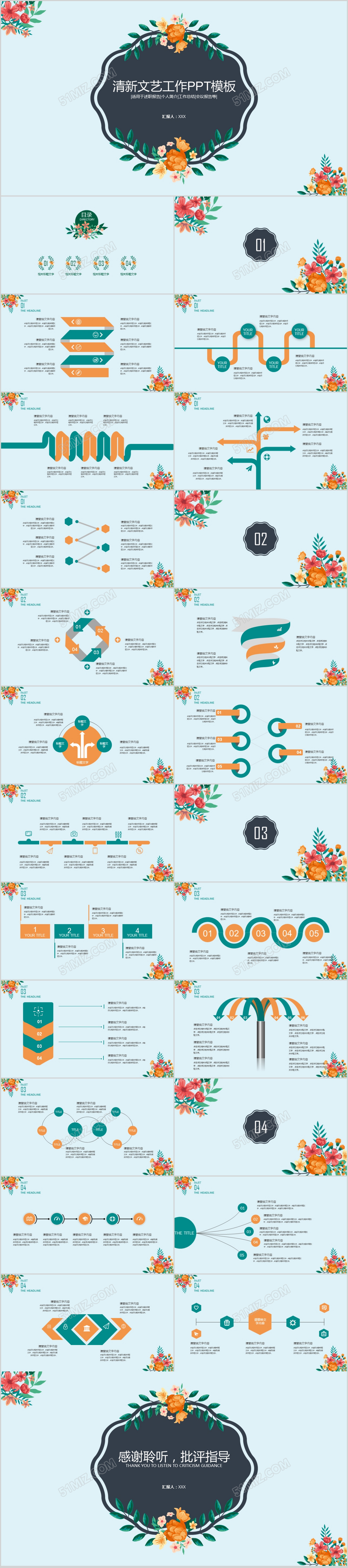 欧式复古淡雅鲜花绿色小清新植物水彩ppt