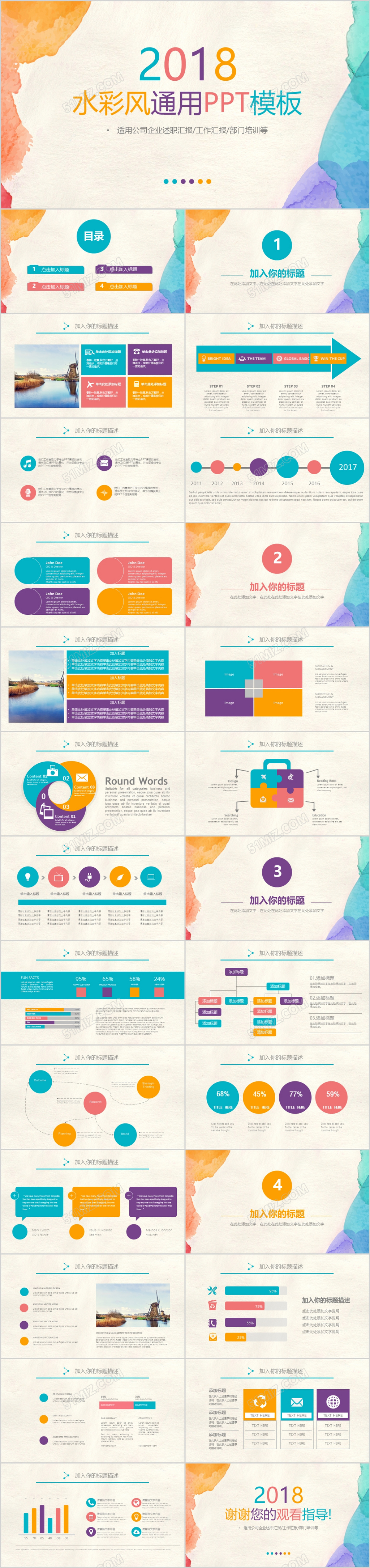 水彩风格通用商务工作汇报模板