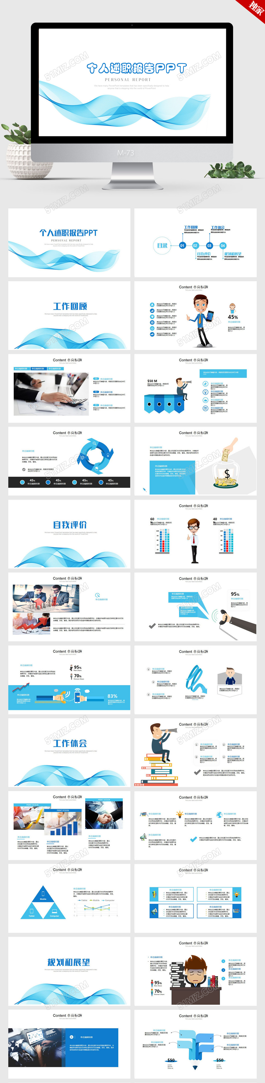 蓝色时尚简约个人述职报告ppt动态模板