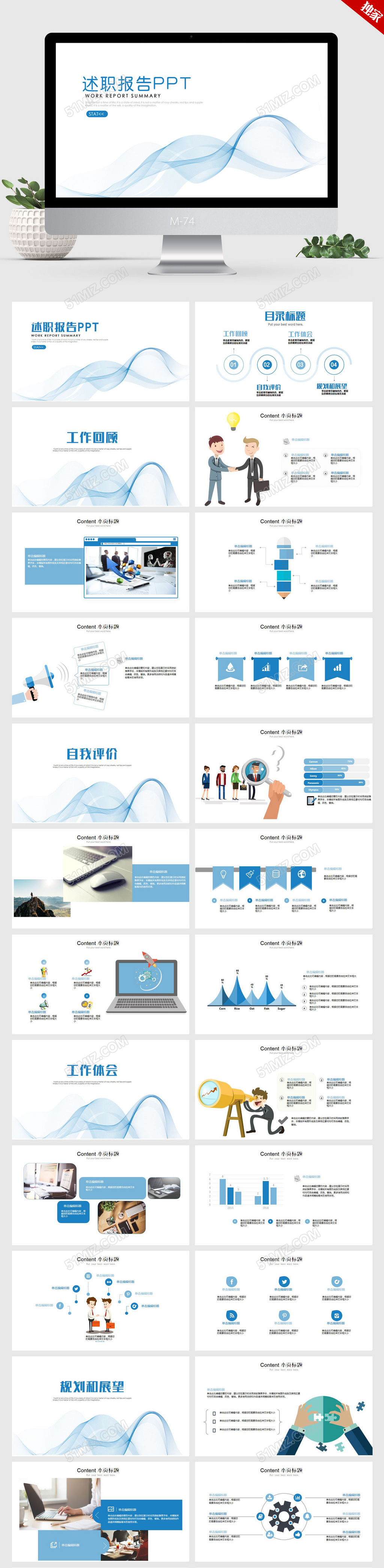 蓝色个性时尚简约述职报告ppt动态模板
