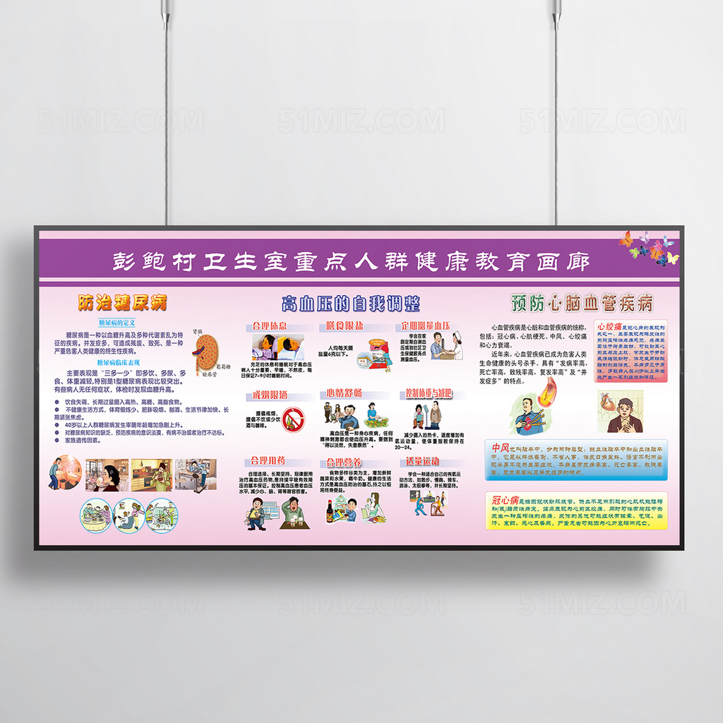 紫色背景彭鲍村卫生室重点人群健康教育画廊 宣传栏图片
